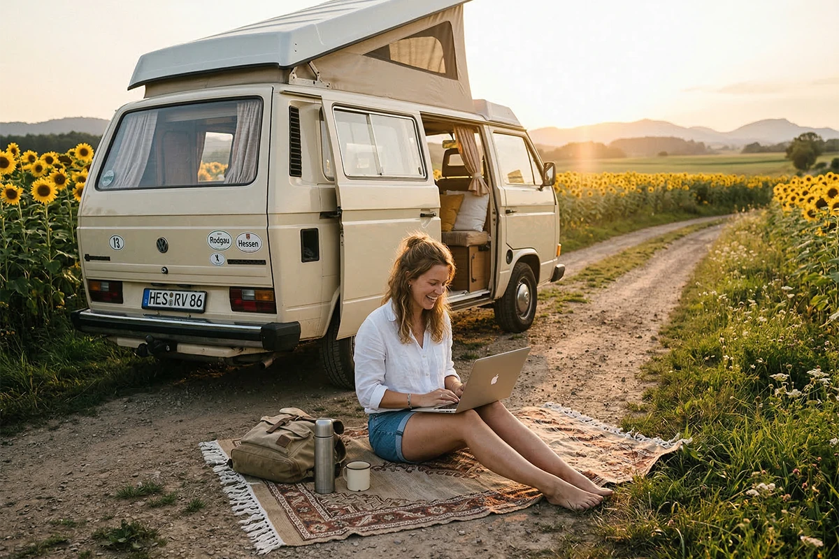 Unterwegs sein und dabei Geld verdienen? Das machen mehr Menschen als man glaubt (Hinweis: Dieses Bild wurde erstellt mit Unterst&uuml;tzung durch KI-Tools)